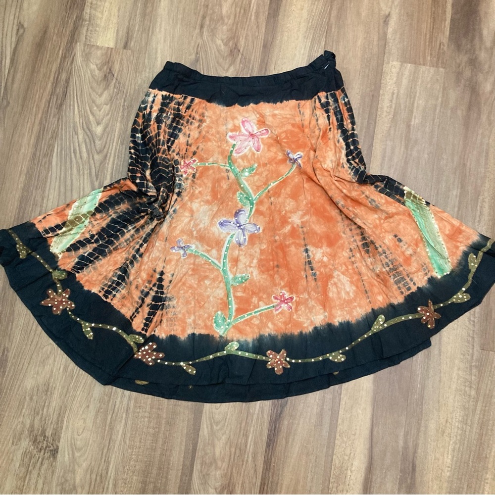 Bohemian Orange Hand-Painted Floral Tie-Dye Maxi Skirt Hippie